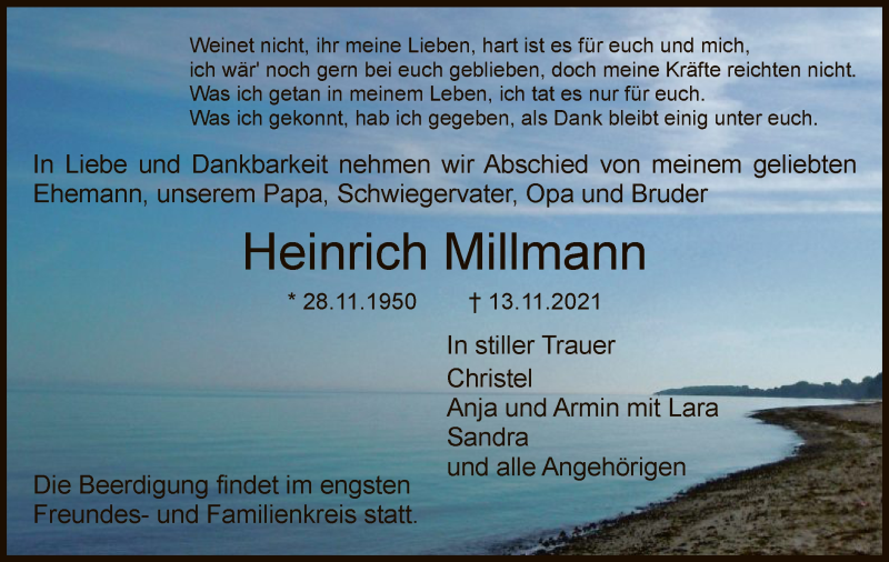  Traueranzeige für Heinrich Millmann vom 20.11.2021 aus OF