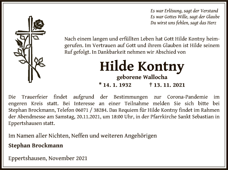  Traueranzeige für Hilde Kontny vom 18.11.2021 aus OF