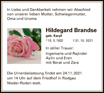 Traueranzeige von Hildegard Brandse von OF