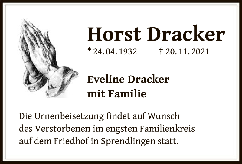  Traueranzeige für Horst Dracker vom 25.11.2021 aus OF