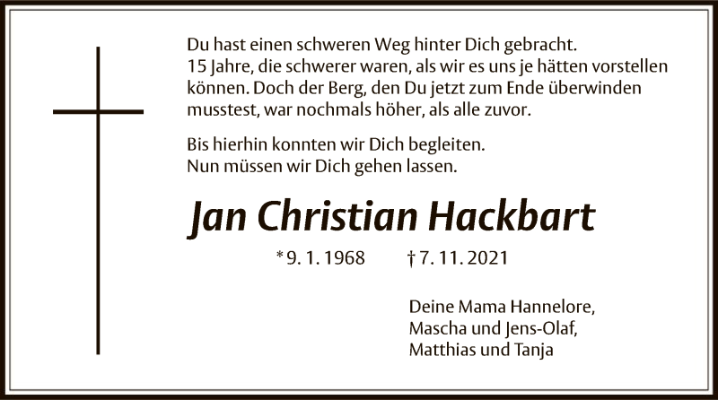  Traueranzeige für Jan Christian Hackbart vom 13.11.2021 aus OF