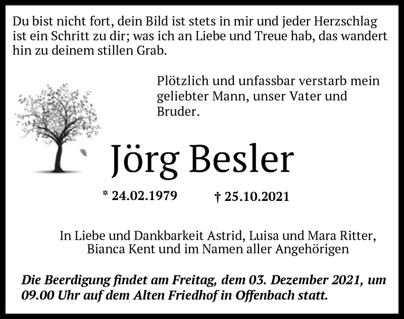  Traueranzeige für Jörg Besler vom 27.11.2021 aus OF