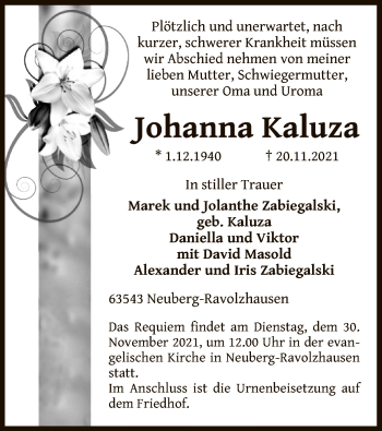 Traueranzeige von Johanna Kaluza von OF