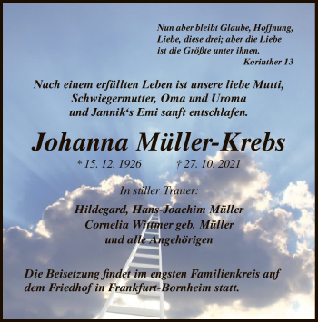 Traueranzeige von Johanna Müller-Krebs von OF