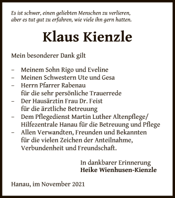 Traueranzeige von Klaus Kienzle von OF