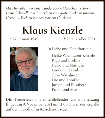 Traueranzeige von Klaus Kienzle von OF