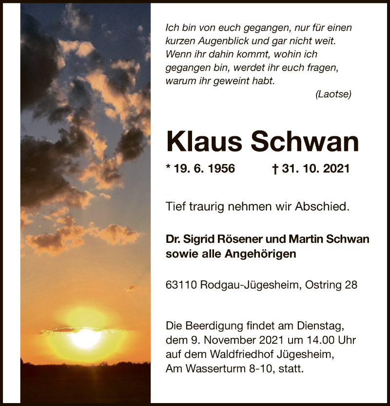  Traueranzeige für Klaus Schwan vom 06.11.2021 aus OF