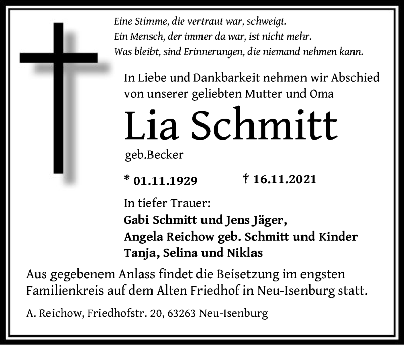  Traueranzeige für Lia Schmitt vom 25.11.2021 aus OF