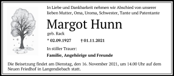 Traueranzeige von Margot Hunn von OF