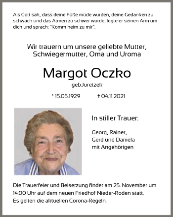 Traueranzeige von Margot Oczko von OF