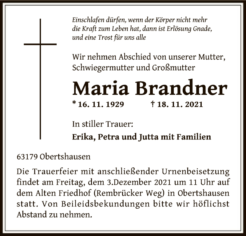  Traueranzeige für Maria Brandner vom 27.11.2021 aus OF