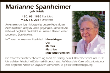 Traueranzeige von Marianne Spanheimer von OF