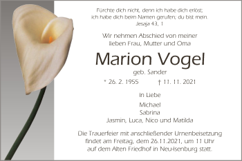 Traueranzeige von Marion Vogel von OF