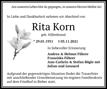 Traueranzeige von Rita Korn von OF