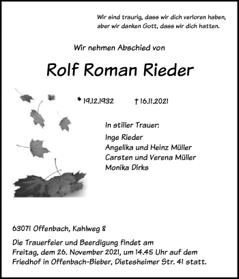 Traueranzeige von Rolf Roman Rieder von OF