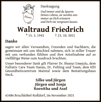 Traueranzeige von Waltraud Friedrich von OF