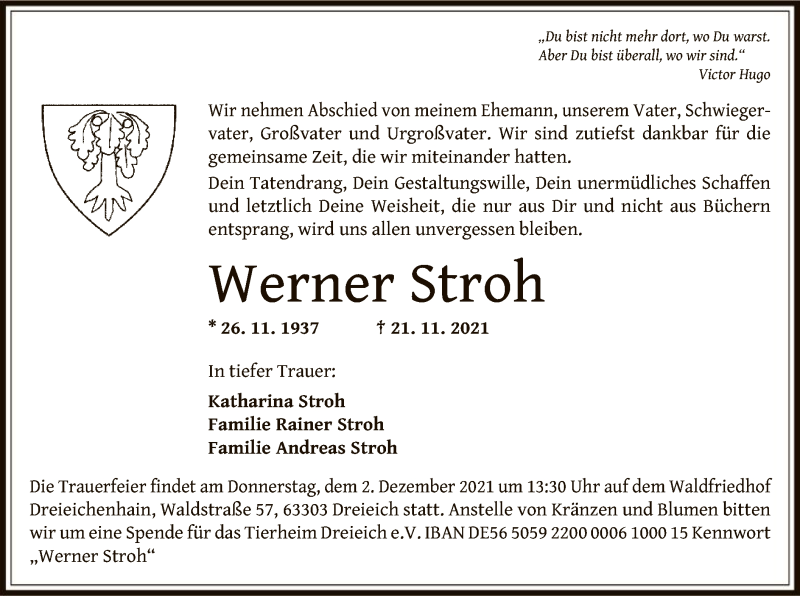  Traueranzeige für Werner Stroh vom 27.11.2021 aus OF