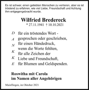 Traueranzeige von Wilfried Bredereck von OF