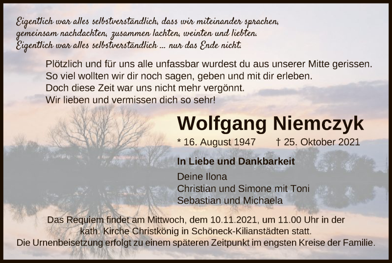  Traueranzeige für Wolfgang Niemczyk vom 06.11.2021 aus OF