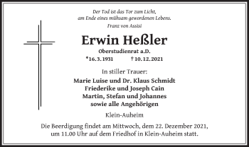 Traueranzeige von Erwin Heßler von OF