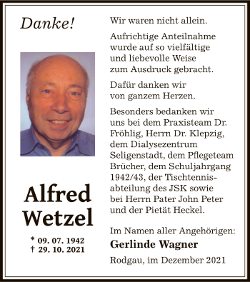 Traueranzeige von Alfred Wetzel von OF