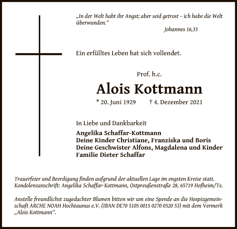  Traueranzeige für Alois Kottmann vom 10.12.2021 aus OF