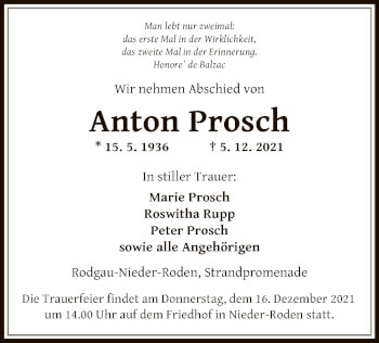 Traueranzeige von Anton Prosch von OF