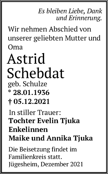 Traueranzeige von Astrid Schebdat von OF