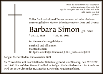 Traueranzeige von Barbara Simon von OF