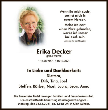 Traueranzeige von Erika Decker von OF