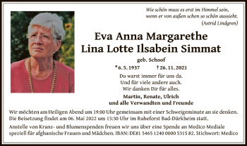 Traueranzeige von Eva Anna Margarethe Lina Lotte Ilsabein Simmat von OF