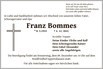 Traueranzeige von Franz Bommes von OF