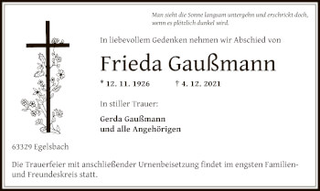 Traueranzeige von Frieda Gaußmann von OF