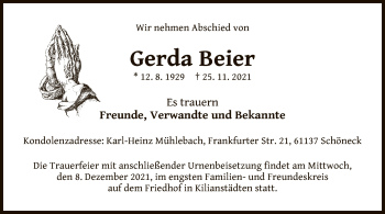 Traueranzeige von Gerda Beier von OF