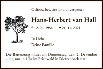 Traueranzeige von Hans-Herbert van Hall von OF