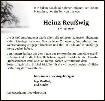 Traueranzeige von Heinz Reußwig von OF