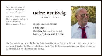 Traueranzeige von Heinz Reußwig von OF