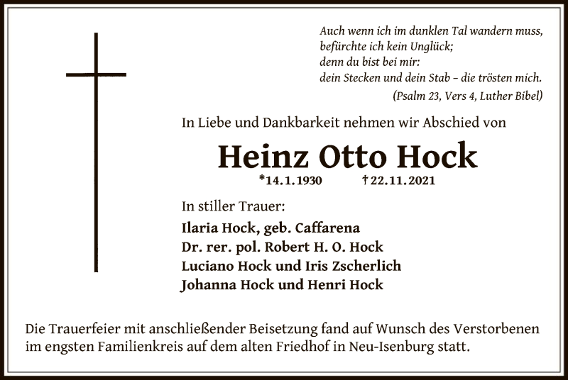  Traueranzeige für Heinz Otto Hock vom 09.12.2021 aus OF