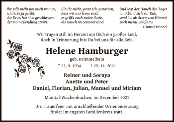 Traueranzeige von Helene Hamburger von OF