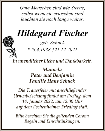 Traueranzeige von Hildegard Fischer von OF