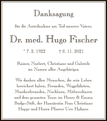 Traueranzeige von Hugo Fischer von OF