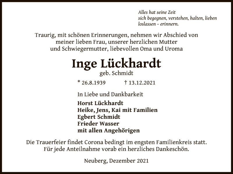  Traueranzeige für Inge Lückhardt vom 18.12.2021 aus OF