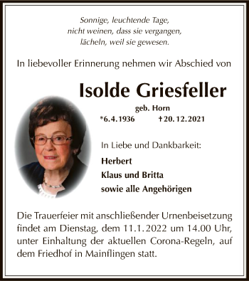 Traueranzeige von Isolde Griesfeller von OF