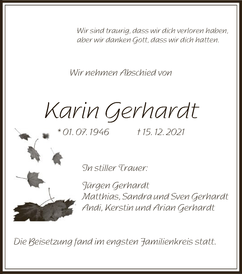  Traueranzeige für Karin Gerhardt vom 30.12.2021 aus OF