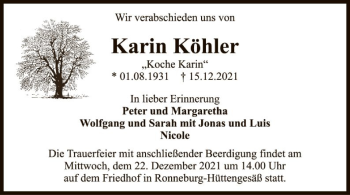 Traueranzeige von Karin Köhler von OF