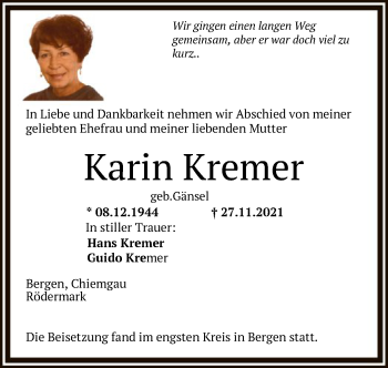 Traueranzeige von Karin Kremer von OF