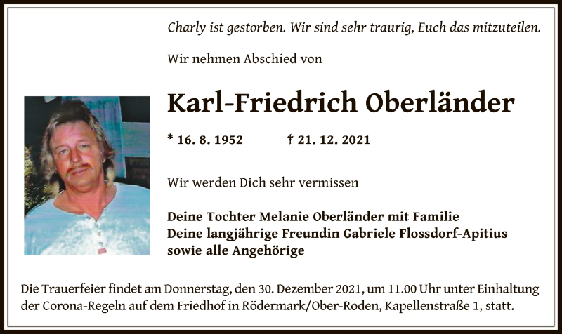  Traueranzeige für Karl-Friedrich Oberländer vom 29.12.2021 aus OF