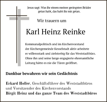 Traueranzeige von Karl Heinz Reinke von OF