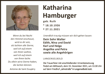 Traueranzeige von Katharina Hamburger von OF