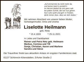 Traueranzeige von Liselotte Heilmann von OF